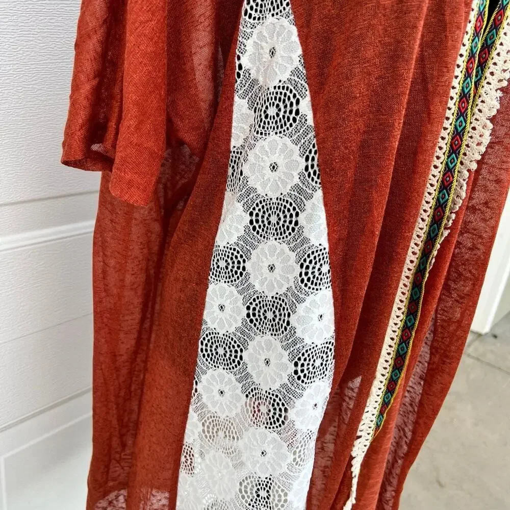 Gee Gee Lace Detail Multicolor Trim Accent Long Cardigan, Woman's L/ XL